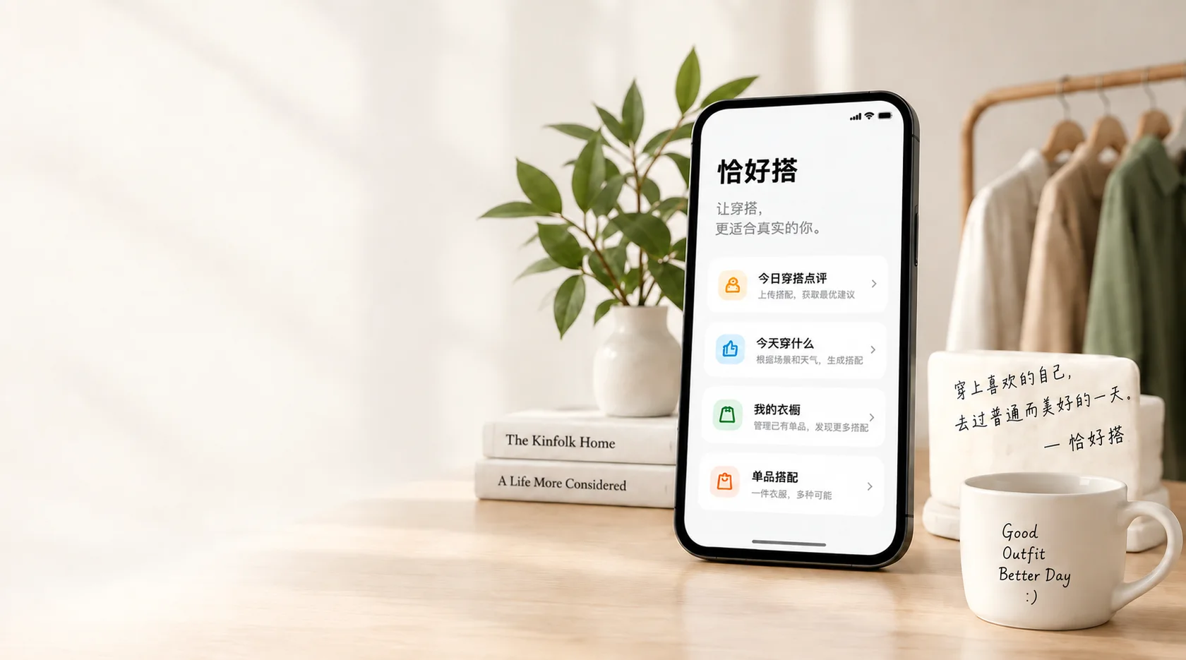 暖色房间中的恰好搭手机产品示意、绿植和日常衣物；部分功能即将开放